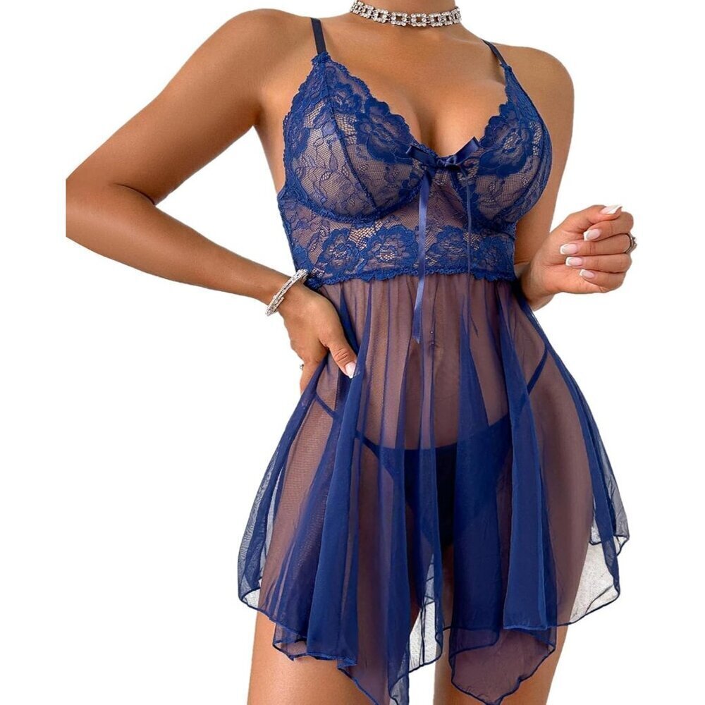 Women's Navy Lace Babydoll Dress Lingerie Pajamas with Pantie
